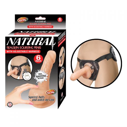 NATURAL REALSKIN SQUIRTING PENIS W:ADJUSTABLE HARNESS 6″-WHITE